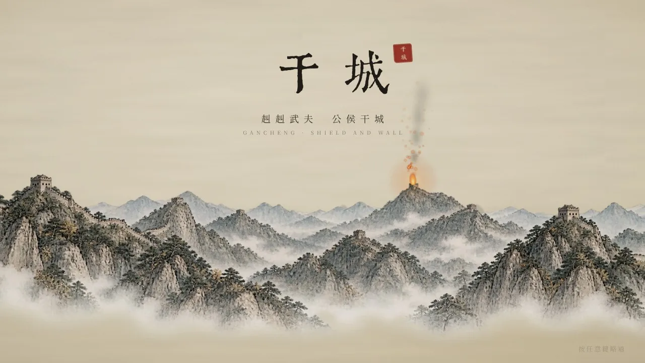 干城 title art: ink-wash mountains along the Great Wall, a beacon fire burning on a watchtower
